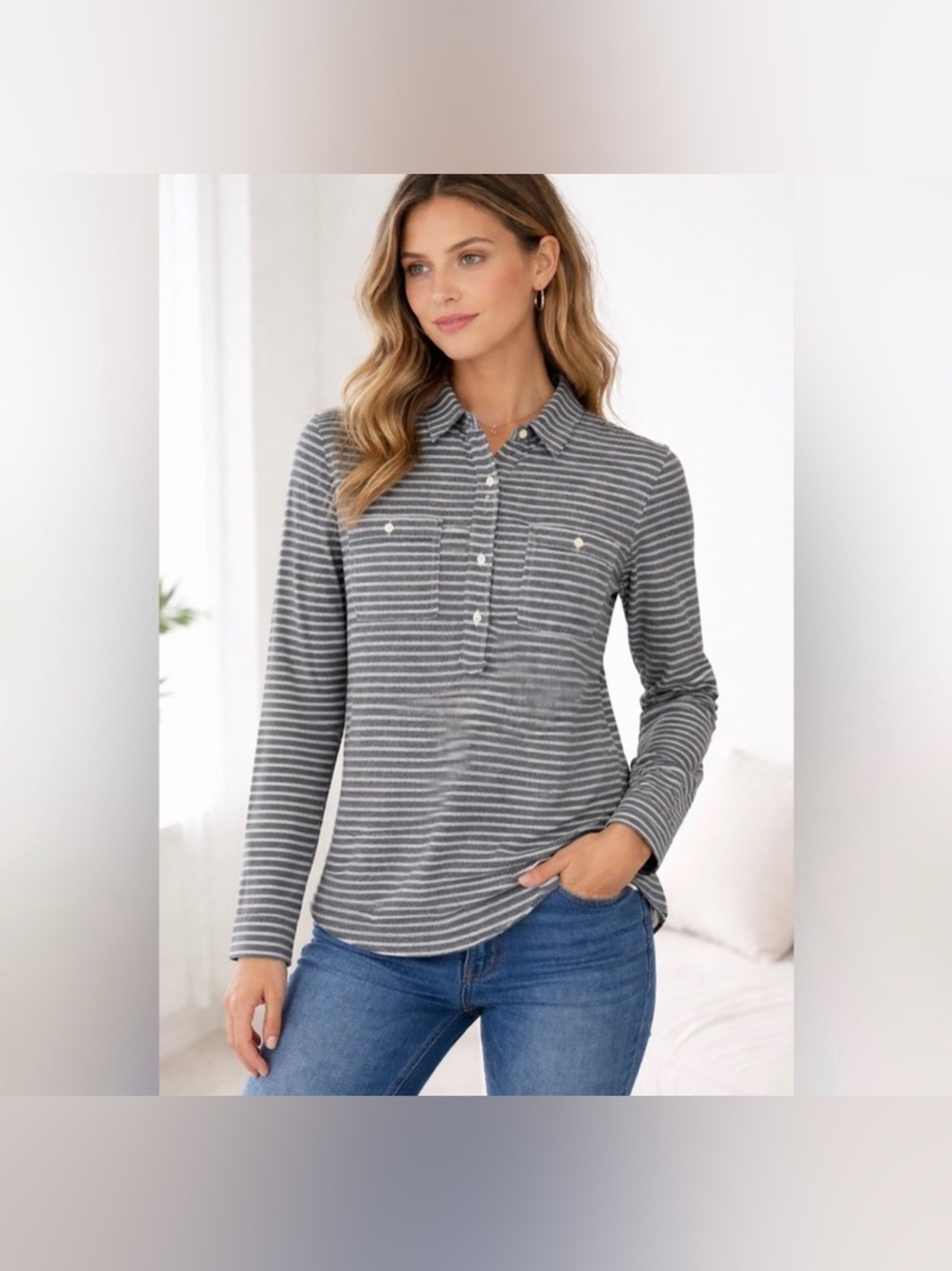 Madewell Striped Button Half-Placket Shirt Long Sleeve Black White Small